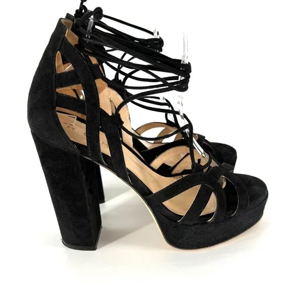 M. GEMI Lace Up‎ Sandal Strappy Suede Leather Chunky Heels Open Toe Size …